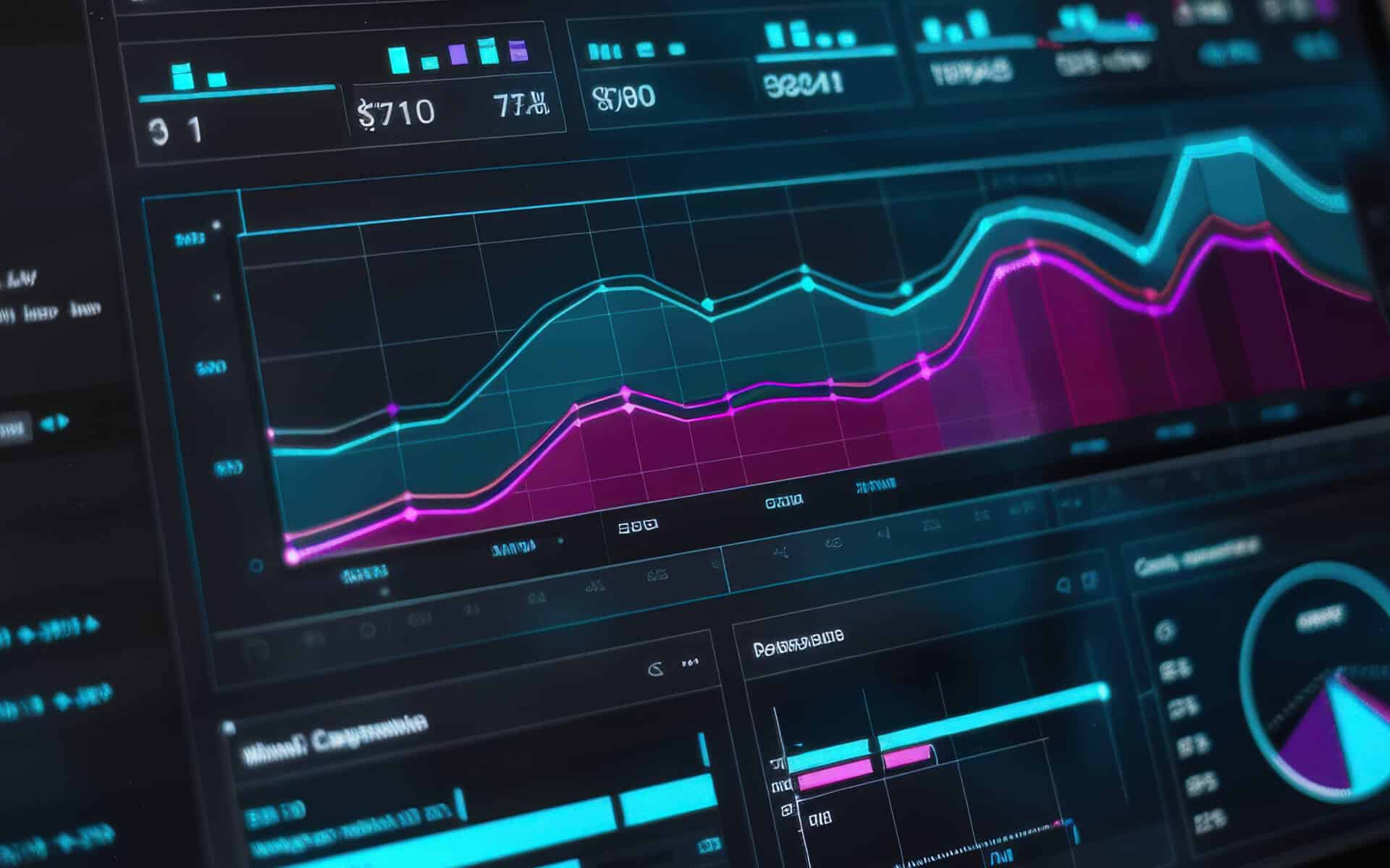 Business intelligence line and bar graphs on a computer screen